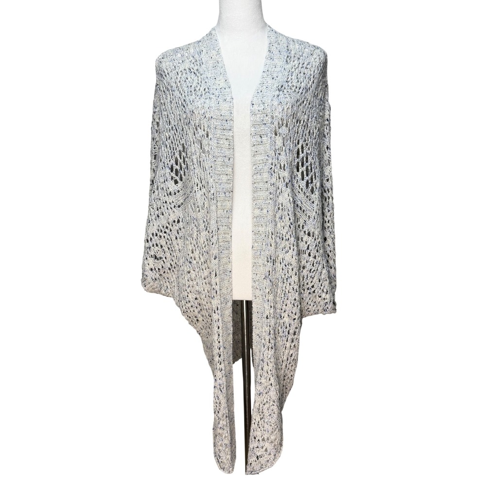 American Eagle Women Cotton Cardigan M Blue Marled Open Knit Cocoon Pointelle